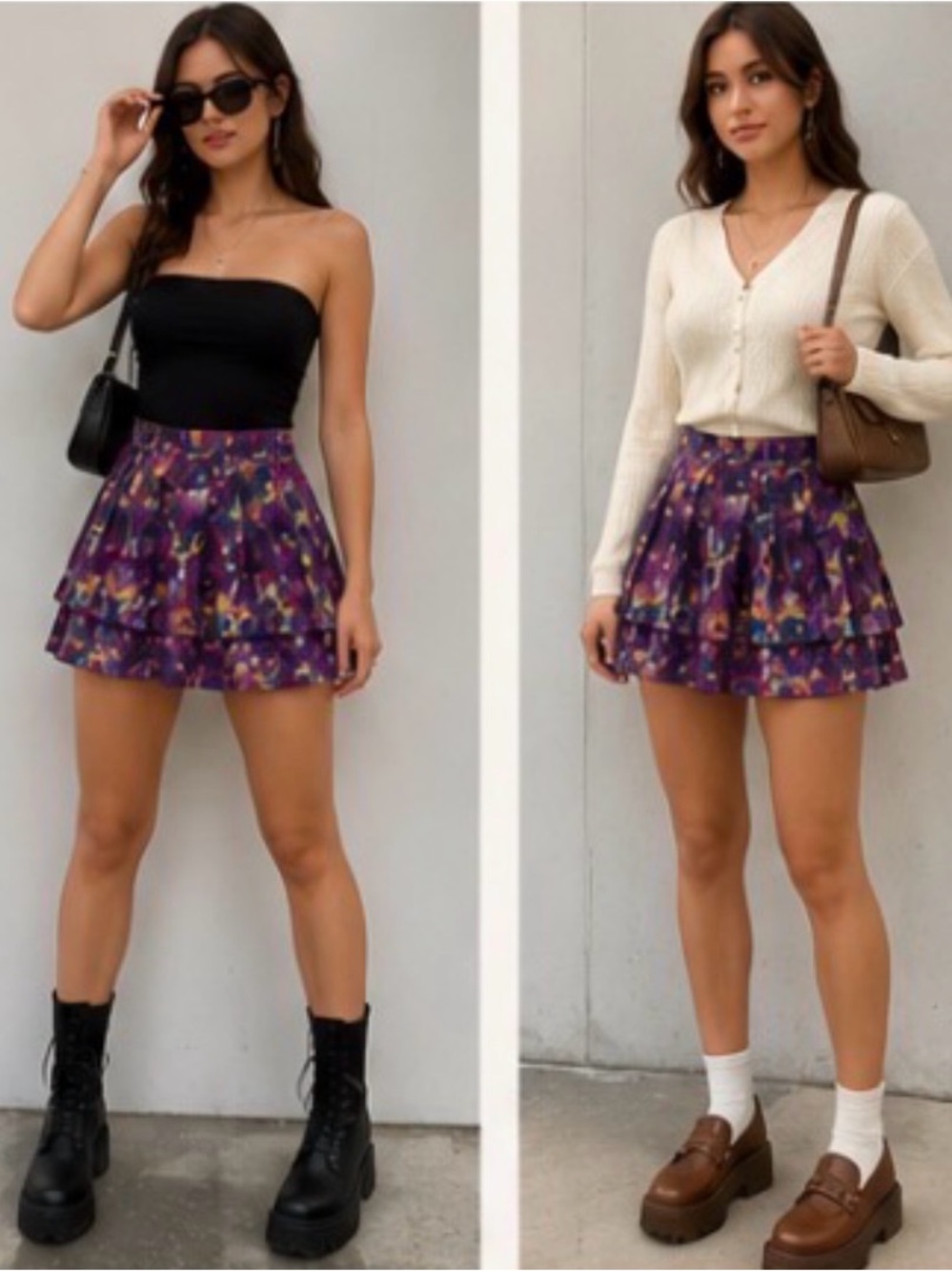 Purple-Multi Mini Skirt Pleated tiered Abstract Sz S Cotton Lined Hinge, Quality